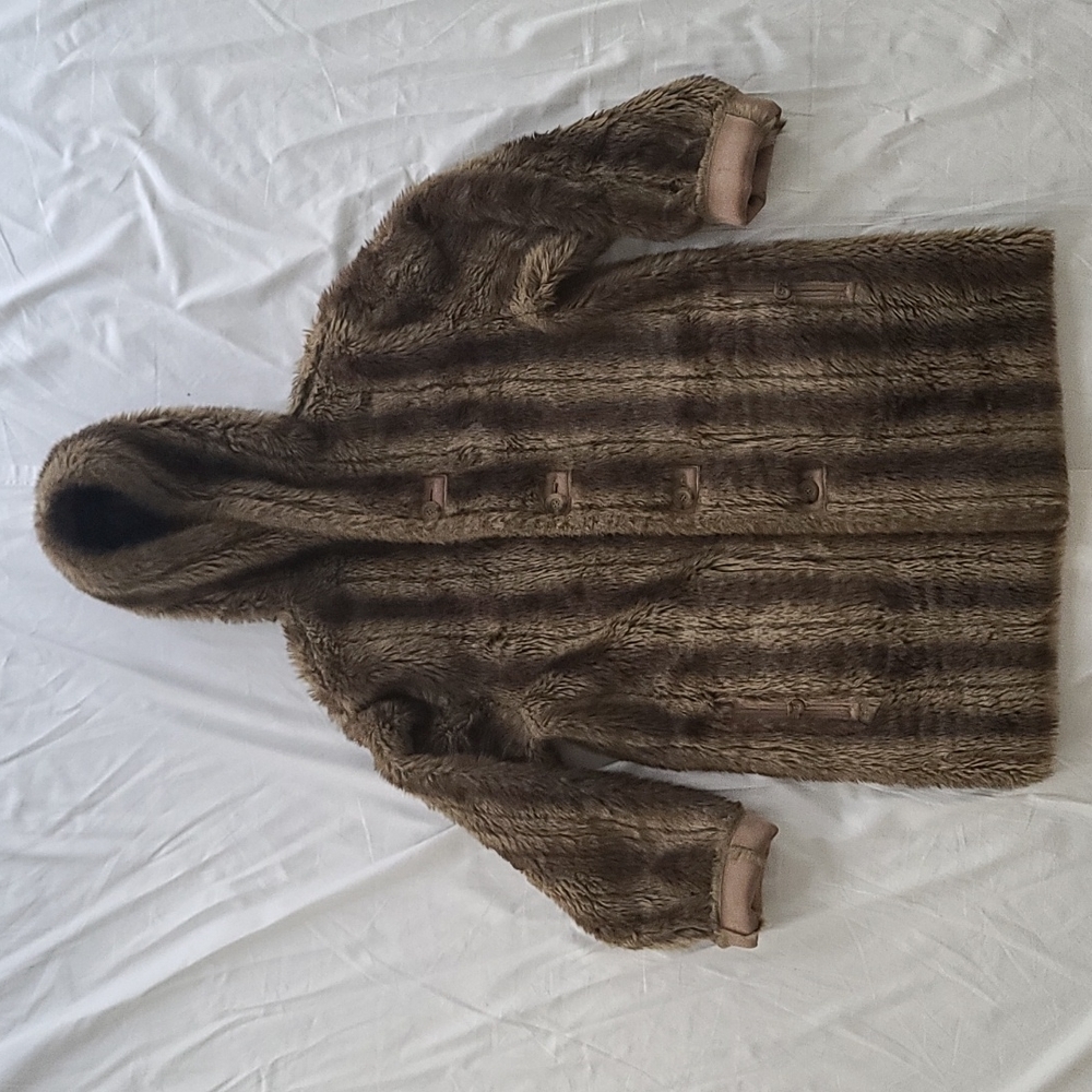 Faux fur & faux suede hooded reversible coat pockets Dennis basso small